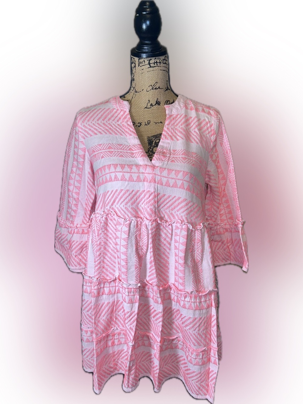 Mud Pie Renee Hot Pink Yarn Dye Tiered V-Neck Mini Dress S - Picture 5 of 14